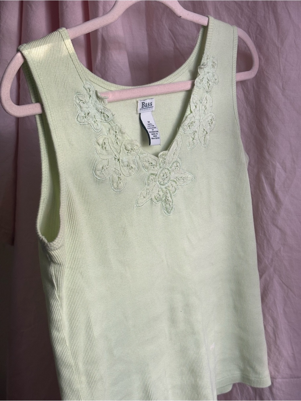 Bass Pale Green Ribbed Tank with Floral Appliqué